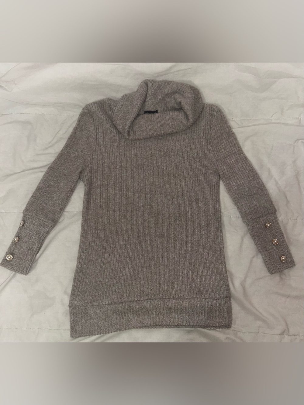 Ribbed Cowl Neck Sweater with Button Sleeve Detail - Gray